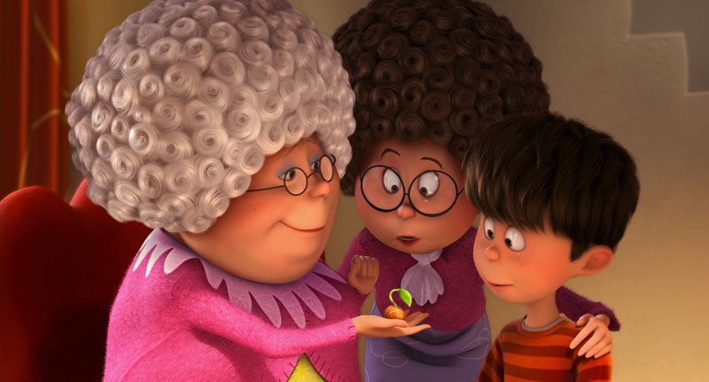 Grammy Norma (Betty White) shows Ted's mom (Jenny Slate) and Ted (Zac Efron) a rare seedling.