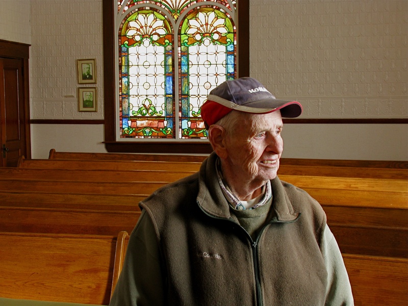 Bill Findlen, 83, is a member of the Frontier Heritage Historical Society, which owns the Friends Church in Maple Grove and is working to preserve the building and document its history.