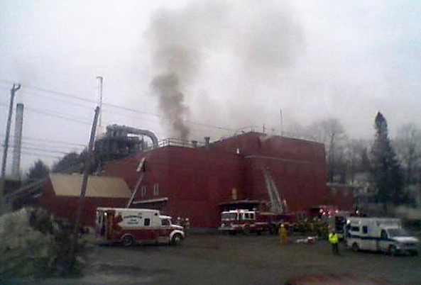 More than 20 firefighters work to extinguish the fire at the Geneva Wood Fuels on Thursday.