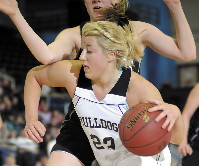 LEADING THE WAY: Hall-Dale High School’s Carylanne Wolfington scored 21 points, including the 1,000 of her career, as the Bulldogs beat St. Dominic 45-32 in the Western C quarterfinals Tuesday.