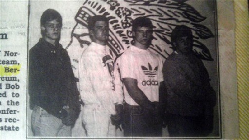 This Cincinnati Enquirer newspaper clipping provided by Steve Berling, shows Norwood High School football teammates from left, Berling, Scott Marcum, Marc Edwards and Robert Bales, posing for a photo during the 1990-91 school year, in Cincinnati. Bales is the Army soldier accused of gunning down 16 Afghan women and children in a nighttime rampage in Afghanistan. (AP Photo/The Cincinnati Enquirer)