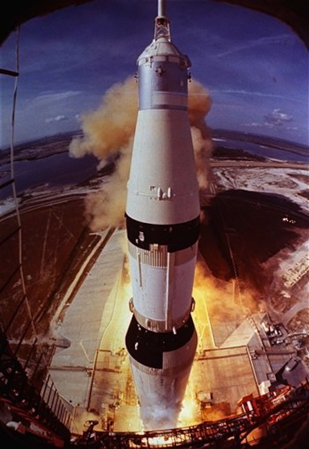 In this July 16, 1969 photo provided by NASA, the Saturn V rocket that launched Neil Armstrong, Buzz Aldrin and Michael Collins on their Apollo 11 moon mission lifts off at Cape Kennedy, Fla. For more than four decades, the powerful engines that helped boost the Apollo 11 mission to the moon have rested in the Atlantic. Now Internet billionaire and space enthusiast Jeff Bezos, CEO of Amazon.com, wants to raise at least one of them to the surface. (AP Photo/NASA)