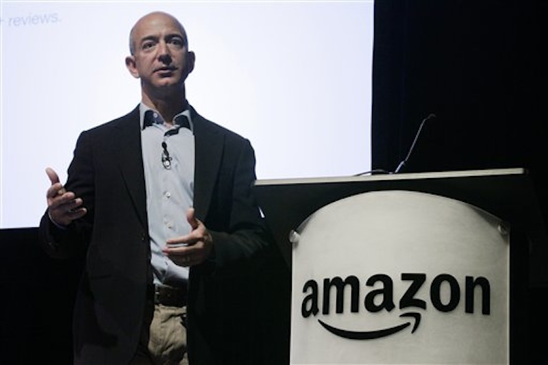 In this photo from May 25, 2010, Amazon.com Inc. CEO and founder Jeff Bezos speaks during the company's shareholders meeting in Seattle. An undersea expedition spearheaded by Bezos used sonar to find what he said were the F-1 engines that helped boost the Apollo 11 mission to the moon located 14,000 feet deep in the Atlantic. (AP Photo/Ted S. Warren)