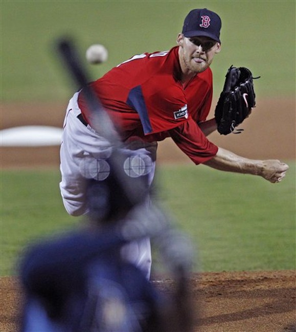 Boston Red Sox starter Daniel Bard delivers against the Tampa Bay Rays during the first inning of a spring training baseball game in Fort Myers, Fla. on Saturday, March 10, 2012. (AP Photo/Charles Krupa)