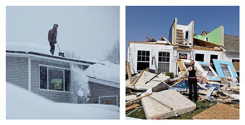 In this combination photo, Doug Hamrick shovels snow off of his family's roof in Anchorage, Alaska on Thursday, Jan. 12, 2012, left, and Katie Cramer looks over the front of her destroyed house in Dexter, Mich. on Friday, March 16, 2012 after a tornado touched down on Thursday night. America's weather is stuck on extreme. Nearly 11 feet of snow has fallen on Anchorage this winter, where the city has already hauled away 250,000 tons of snow. Yet not much snow dropped on the Lower 48. The first three months of the year have seen twice the normal number of tornadoes, killing 55 people. And 36 states broke or tied daily high temperature records on Thursday, March 15, 2012. (AP Photo/Loren Holmes, Carlos Osorio)