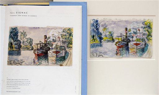 A print in a book shows a work by French painter Paul Signac, left, and the forged version and painted by art forger Mark A. Landis.