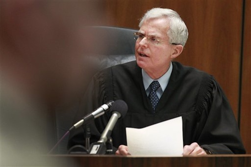 Judge Robert Perry thanks jurors for their work in case against former Los Angeles police detective Stephanie Lazarus, who was found guilty of first degree murder for the 1986 killing of the wife of her former lover in Los Angeles Superior Court on Thursday, March 8, 2012. (AP Photo/Los Angeles Times)