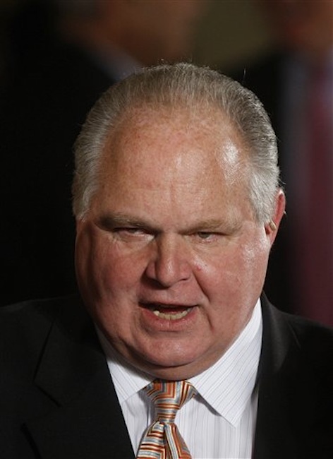 In this 2009 photo, conservative talk show host Rush Limbaugh talks with guests in the East Room of the White House in Washington. Limbaugh apologized Saturday, March 3, 2012, to a Georgetown University law student he had branded a "slut" and "prostitute" after fellow Republicans as well as Democrats criticized him and several advertisers left his program. (AP Photo/Ron Edmonds, File)