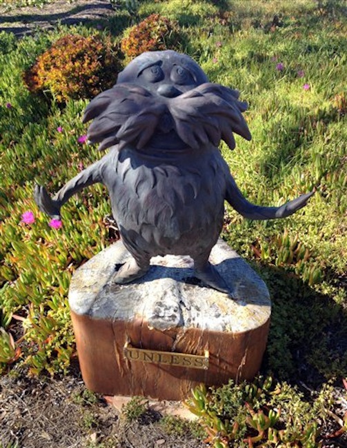 This undated photo shows a Lorax statue at the home of Audrey Geisel, widow of Theodore Geisel, the real name of Dr. Seuss, in San Diego. The 2-foot statue of Dr. Seuss's the Lorax has been stolen from the San Diego home of the author's 90-year-old widow. U-T San Diego says Audrey Geisel noticed Monday, March 26, 2012, that the statue was missing from her garden. (AP Photo/U-T San Diego)