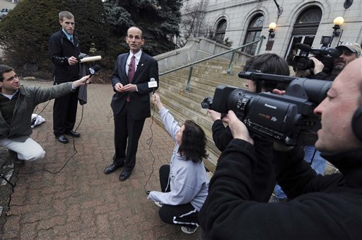 Former Maine Gov. John Baldacci speaks during a news conference on the steps of Bangor City Hall today.