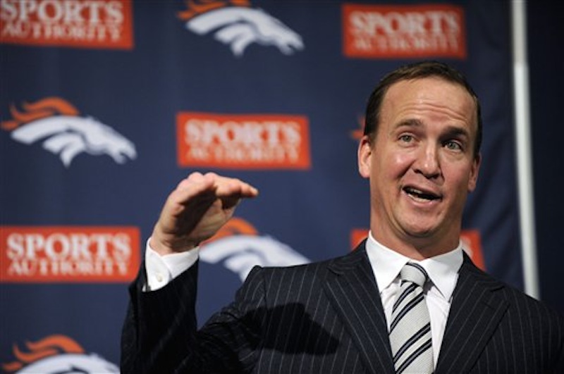 Peyton Manning speaks during the Denver Broncos NFL football news conference on Tuesday, March 20, 2012, announcing his signing with the team at Dove Valley in Englewood, Colo. (AP Photo/The Denver Post, RJ Sangosti)