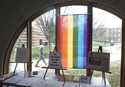 Norwich University's Lesbian, Gay, Bisexual, Transgender, Questioning, and Allies Club set up this display in the library for guests and students to learn more about their issues and programs.