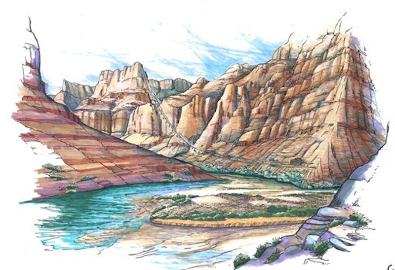 This artist rendering depicts a proposed aerial tramway that would ferry tourists from the cliff tops of the east rim of the Grand Canyon to the water's edge of the Colorado and Little Colorado Rivers below. The plan by the Navajo government is drawing opposition from the National Park Service, environmental groups and even some traditional Navajo herdsmen in the area. (AP Photo/Confluence Partners, LLC/HO)