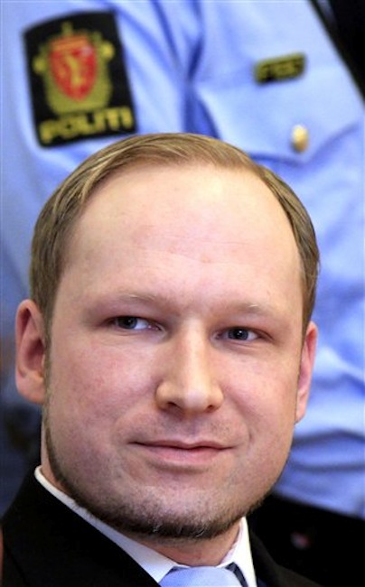 Anders Behring Breivik, a right-wing extremist who confessed to a bombing and mass shooting that killed 77 people on July 22, 2011, arrives for a detention hearing at a court in Oslo, Norway, Monday, Feb. 6, 2012. (AP Photo/Lise Aserud, Scanpix Norway) BNC