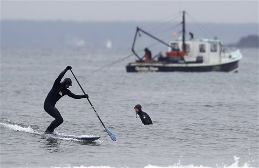 A paddle surfer gets set to catch a wave while a fishing boat works in the background today at Higgins Beach in Scarborough. This year, the warm water temperatures could result in lobsters molting their shells and moving toward shore earlier than usual.