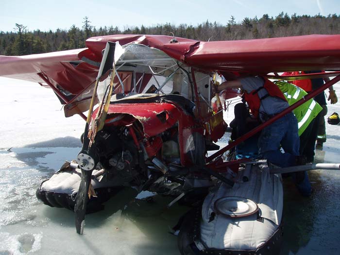 James Schaff's plane after it crashed into ice-covered Pleasant Lake on Saturday.