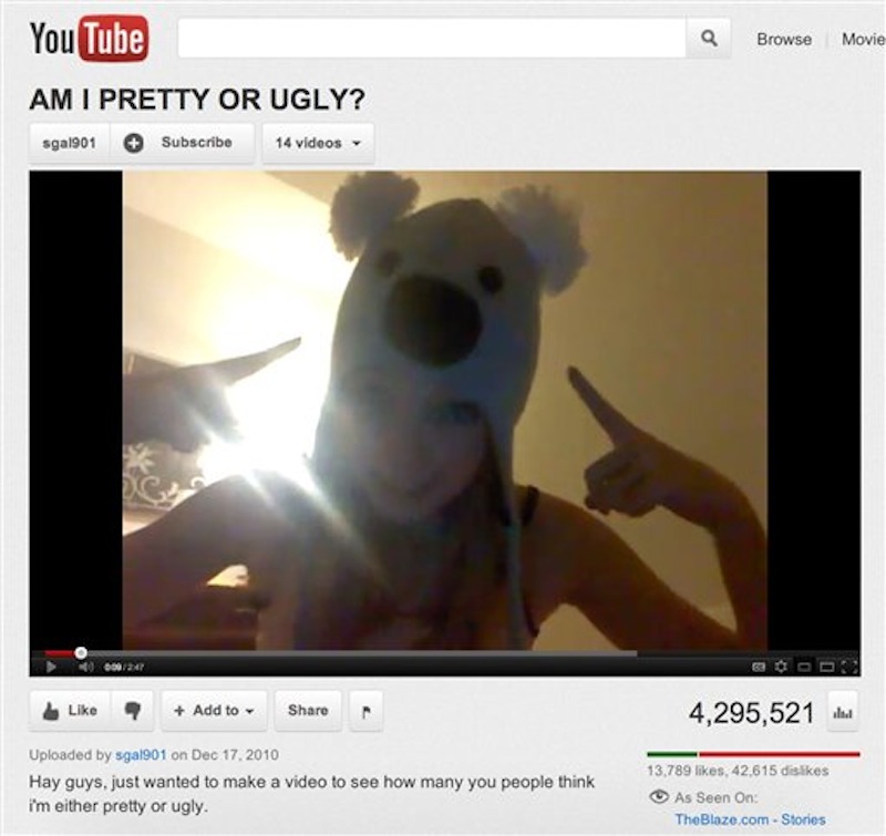 This image made on Friday, March 2, 2012 from video posted on the YouTube website on Dec. 17, 2010 shows a girl with a koala hat asking "Am I pretty or ugly?" The video has more than 4 million views and more than 107,000 anonymous, often hateful responses in a troubling phenomenon that has girls as young as 10 - and some boys - asking the same question on YouTube with similar results. (AP Photo)