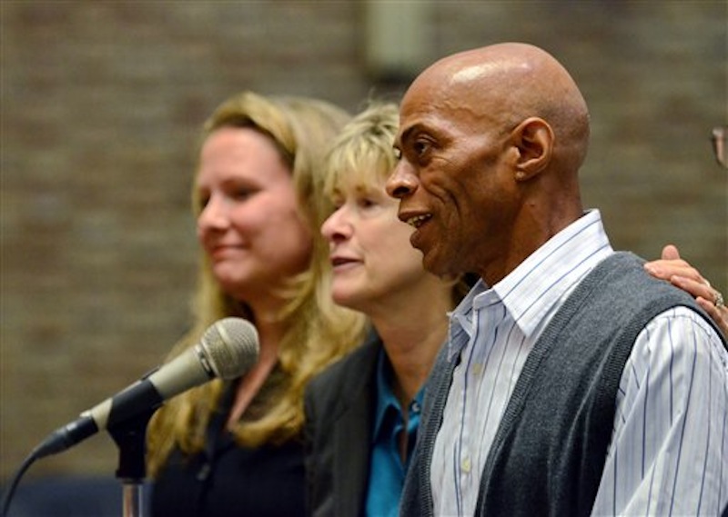 Edward Lee Elmore, right, is accompanied by his lead counsel Diana Holt, center, and previous counsel Marta Kahn, during his hearing on Friday, March 2, 2012 in Greenwood, S.C. Elmore, who spent 30 years in prison for murdering Dorothy Edwards, a crime that Elmore said he did not commit, was set free by Judge Frank Addy on Friday. (AP Photo/ Richard Shiro)