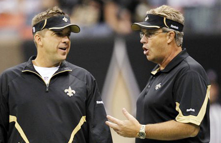New Orleans Saints head coach Sean Payton, left, and defensive coordinator Gregg Williams talk during a 2010 game at the Louisiana Superdome in New Orleans.