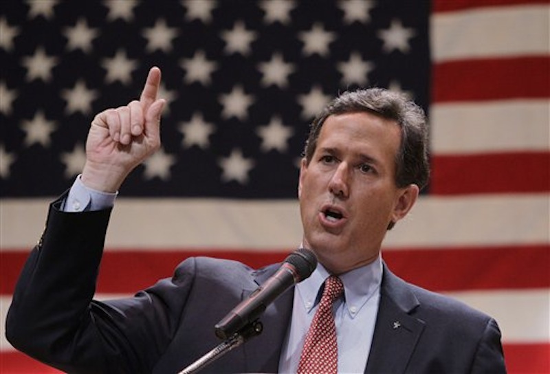 Republican presidential candidate Rick Santorum speaks during a campaign stop at the Lake County Republican Party Lincoln Day Dinner, Friday, March 2, 2012, in Willoghby, Ohio. (AP Photo/Eric Gay)