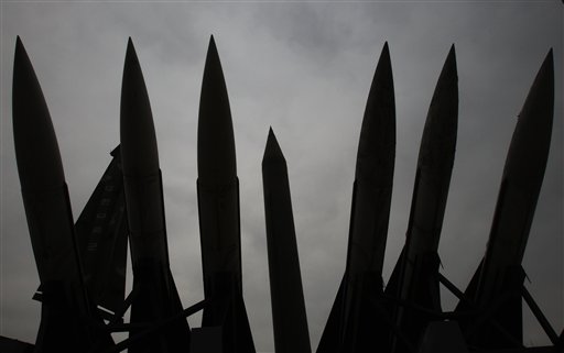 A mock North Korea's Scud-B missile, center, and other South Korean missiles are displayed at the Korea War Memorial Museum in Seoul, South Korea, where the leaders of South Korea, the United States and China issued stark warnings today about the threat of nuclear terrorism.