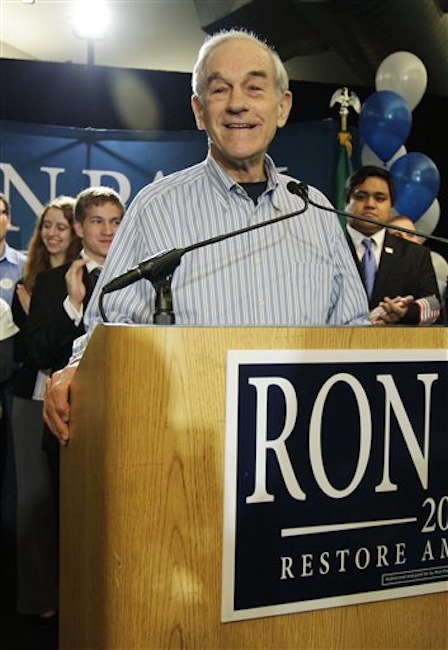 Republican presidential candidate Rep. Ron Paul, R-Texas, speaks Saturday, March 3, 2012, in Seattle. Paul was in Washington state for the Republican caucuses. (AP Photo/Ted S. Warren)