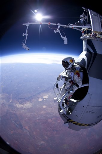 Felix Baumgartner prepares to take a practice jump over Roswell, N.M., on Thursday. A spokesman says the skydiver jumped from more than 13 miles high.