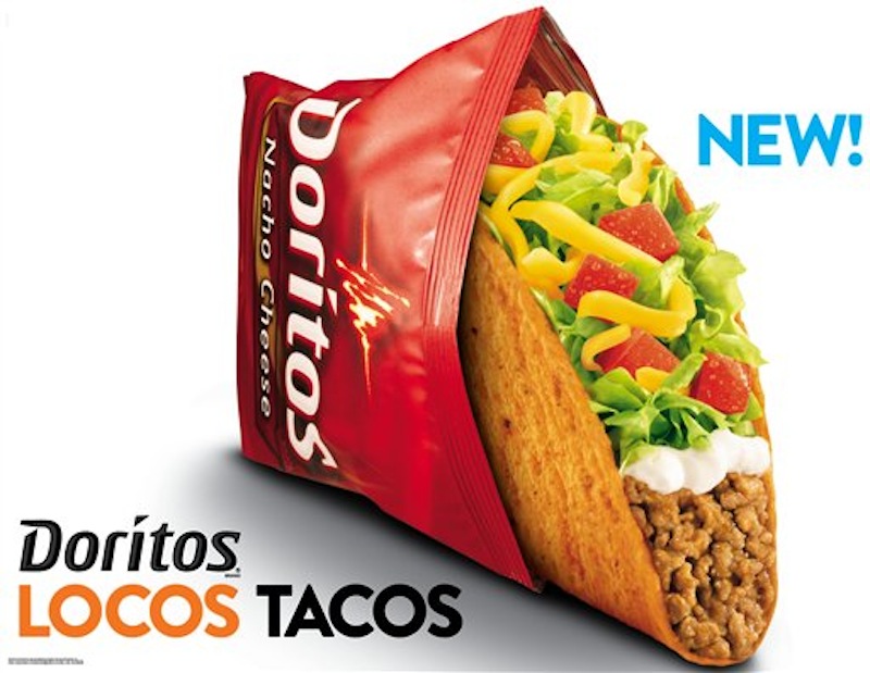 This photo provided by Taco Bell shows a new advertisement for Doritos Locos Tacos shells. The Mexican-style chain rolls out the Doritos Locos Tacos shells at midnight on Wednesday, March 7, 2012 at its nearly 5,600 restaurants nationwide. The fast-food chain, a unit of Yum Brands Inc., calls it the biggest product launch in its 50-year history. (AP Photo/Taco Bell)