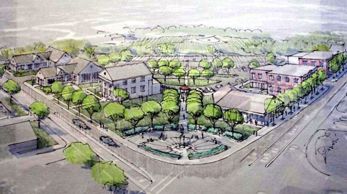 In this architect's rendering of Monument Square in Gray, Route 26 is to the left and Main Street to the right. The town and a local family foundation have grand visions for the strategic parcel.