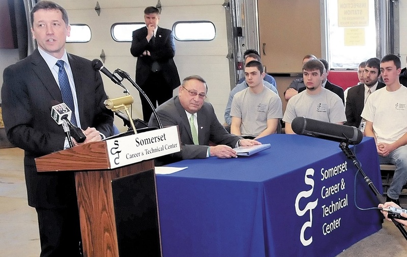 Education Commissioner Stephen Bowen, left, and Gov. Paul LePage address students and educators on state education policies at the Somerset Career Technical Center in Skowhegan last month.