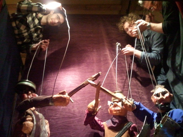 Shoestring Theater puppeteers maneuver some of the Sicilian-style marionettes used in "The Odyssey." The four-part show has a cast of 30 marionettes operated by four puppeteers.