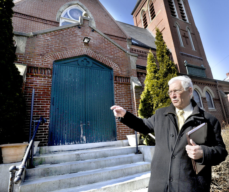 Paul Stevens, a great-grandson of architect John Calvin Stevens, talks about the historic features of the Williston-West Church on Thomas Street in Portland. A prominent Australian businessman is seeking a zoning change to permit offices at the church’s attached parish house.