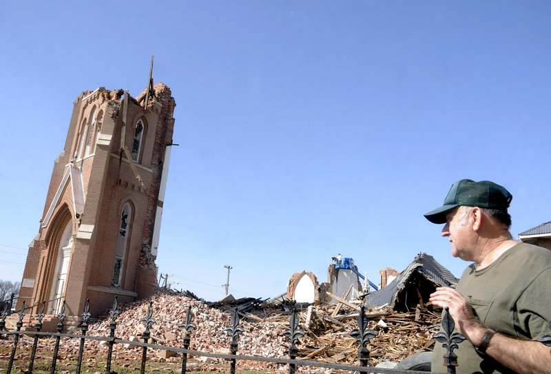 A severe storm spawned by a late-winter system demolished the St. Joseph’s Catholic Church in Ridgway, Ill., early Wednesday morning. The system moved across six states.