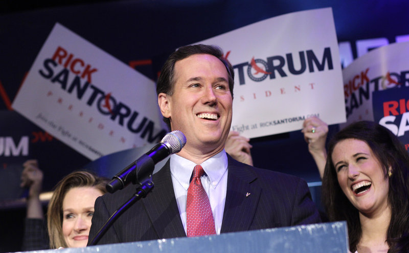 Former Pennsylvania Sen. Rick Santorum speaks on Tuesday night in Grand Rapids, Mich. He cheered the fact that he won half of Michigan’s 30 delegates in the primary.