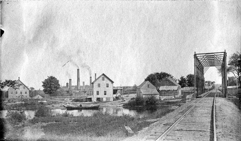 Fourth Falls along the Royal River in Yarmouth, circa 1890. Paper mill worker Maren Madsen Christensen wrote that, upon returning from her native Denmark, she crossed the perilous train trestle at right on her hands and knees, eager to see friends.