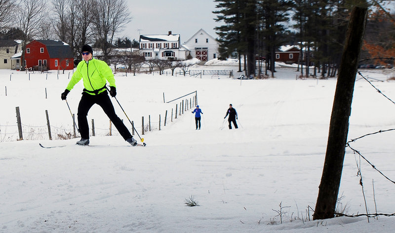 Joe Castorina of Arundel was one of the many skiers who visited Harris Farm in Dayton last weekend after a snowstorm covered the trails for the first time since mid-January. Local cross-country ski centers have had little business this winter because of the lack of snow.