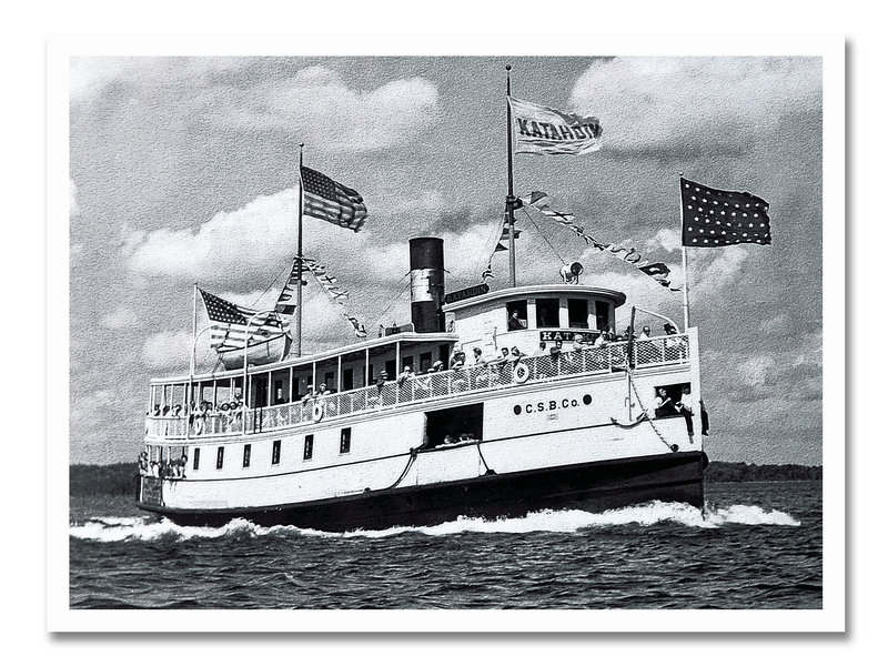 An archival photo from the early 20th century shows the Katahdin in its prime, ferrying tourists across the lake. It was owned by the Coburn Steamboat Company from 1914 until 1938, when the Depression took a toll on tourism.