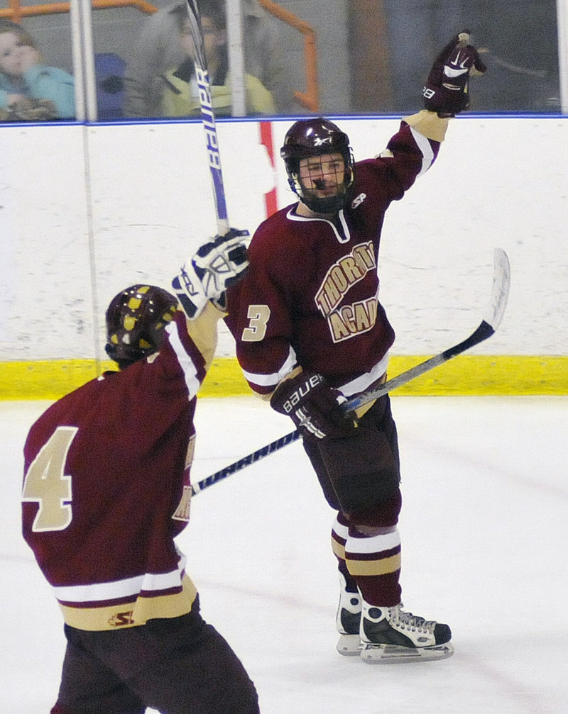 C.J. Maksut ended his high school hockey career in style, scoring three goals in Thornton Academy’s 5-1 win over St. Dom’s for the Class A championship.