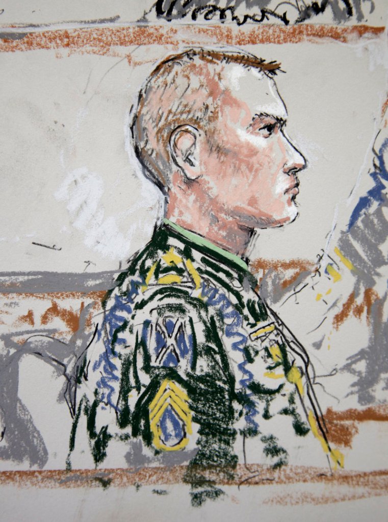Army Staff Sgt. Calvin Gibbs is shown in this courtroom sketch at Joint Base Lewis-McChord during his court-martial for killing three Afghan civilians. He was convicted and sentenced to life in prison.