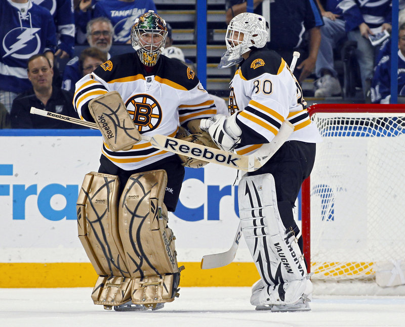 Maybe the Bruins should have used both goalies at the same time Tuesday night. Marty Turco, left, started and was replaced by Tim Thomas, who was also ineffective. Tampa Bay scored on 6 of 17 shots in beating the Bruins.
