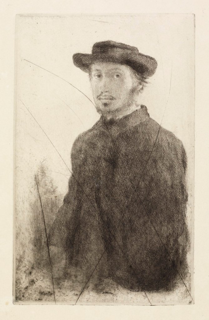 ... and “Edgar Degas: Self Portrait,” etching and drypoint from canceled plate, 1857.