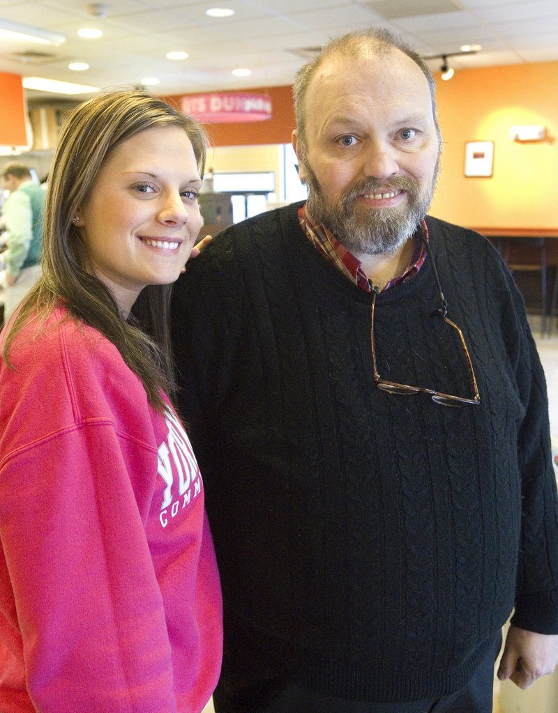 Ashley Caston and Jim Scanlon held a reunion at Dunkin’ Donuts in Kennebunk on Friday afternoon. “I’m so glad you wrote that thing on the website,” he told her.
