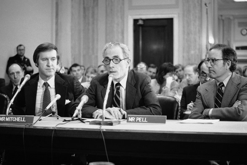 Maine Sens. William Cohen, left, a Republican, and George Mitchell, a Democrat, flank Sen. Claiborne Pell, D-R.I., on Capitol Hill on March 26, 1982.