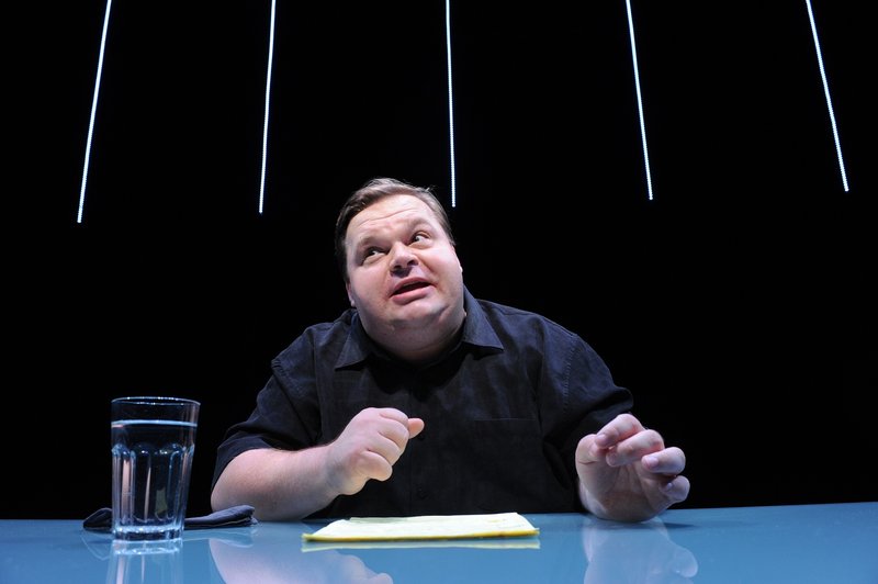 Mike Daisey is shown in a scene from “The Agony and The Ecstasy of Steve Jobs.” The Public Theater in New York says it stands by the work and that Daisey is "not a journalist."
