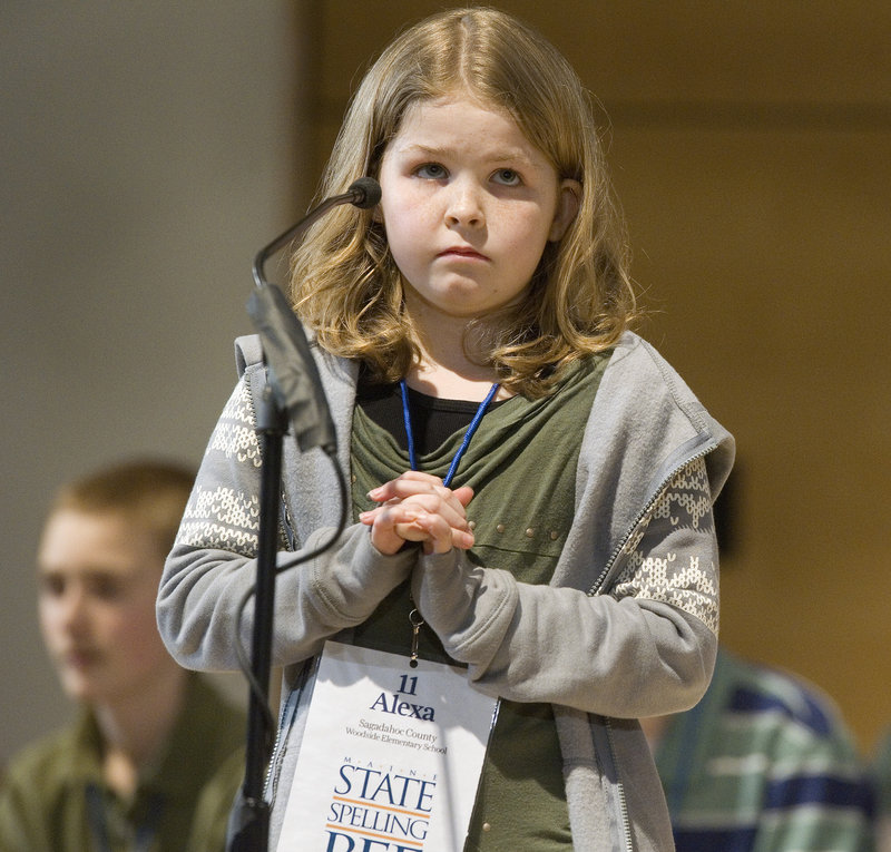 Alexa Eaton, 11, from Sagadahoc County, ponders a word before spelling it.