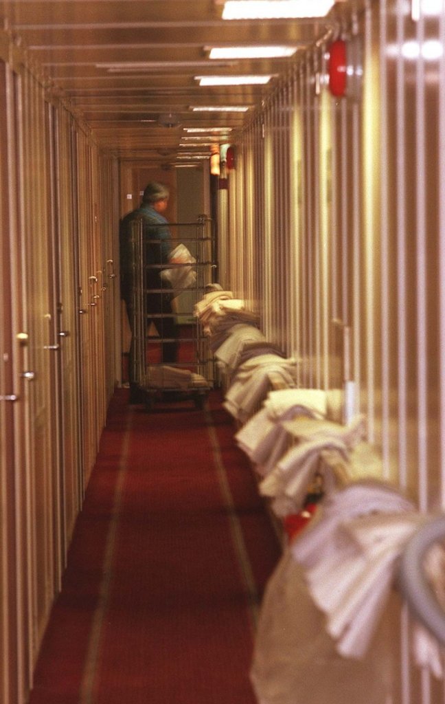 Bed linens hang outside cabins ready for passengers on the Scotia Prince in August 1999.