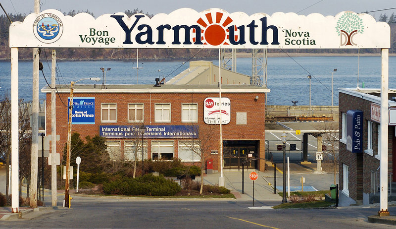 The International Marine Terminal in Yarmouth, Nova Scotia, is framed by a massive sign in April 2005, the year the Yarmouth-Portland ferry canceled its season.