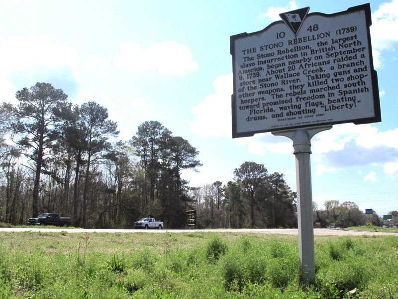 A roadside marker along U.S. 17 west of Charleston, S.C. stands near the site of the Stono Rebellion in 1739, the largest slave insurrection in British North America.