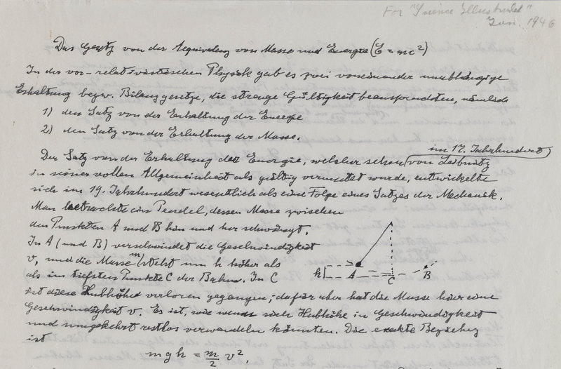 This shows part of one of only three existing manuscripts which contain Einstein’s famous formula describing the relationship between energy (E), mass (m) and the speed of light (c), which derives from his theory of relativity.
