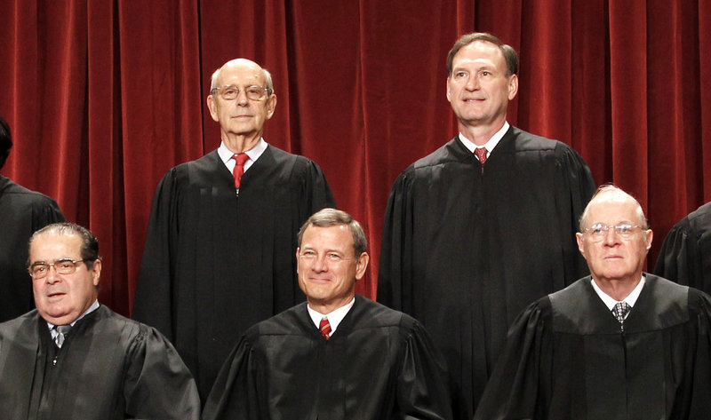 Four Republican-appointed Supreme Court justices, front row from left, Antonin Scalia, Chief Justice John Roberts, Anthony M. Kennedy and top right, Samuel Alito Jr., control the fate of President Barack Obama’s health care overhaul. At top left is Justice Stephen Breyer.